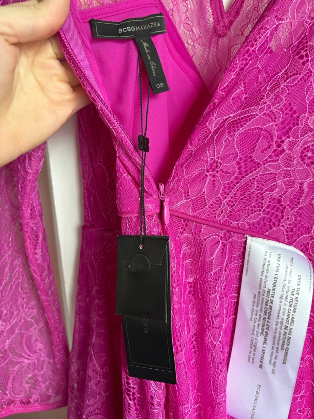 NWT BCBGMAXAZRIA Magenta Pink Lace Cutout Asymmetrical Midi Dress Size 8 - Picture 8 of 8